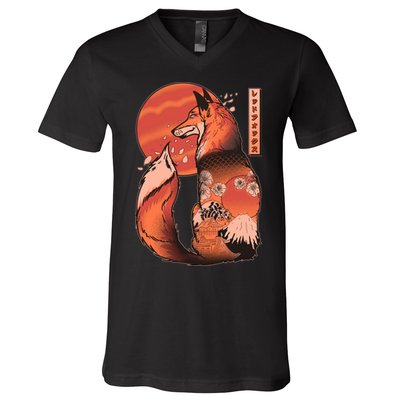 Vintage Japanese Red Fox Kitsune Tattoo V-Neck T-Shirt