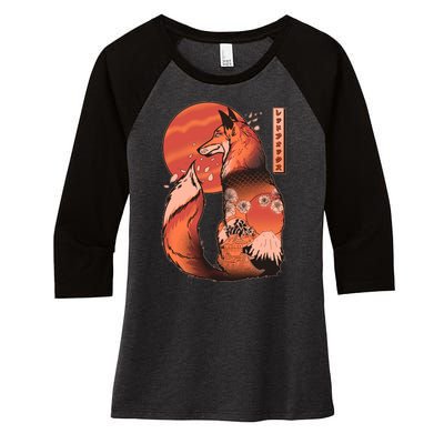 Vintage Japanese Red Fox Kitsune Tattoo Women's Tri-Blend 3/4-Sleeve Raglan Shirt