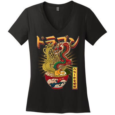 Vintage Japanese Ramen Noodles Dragon Women's V-Neck T-Shirt