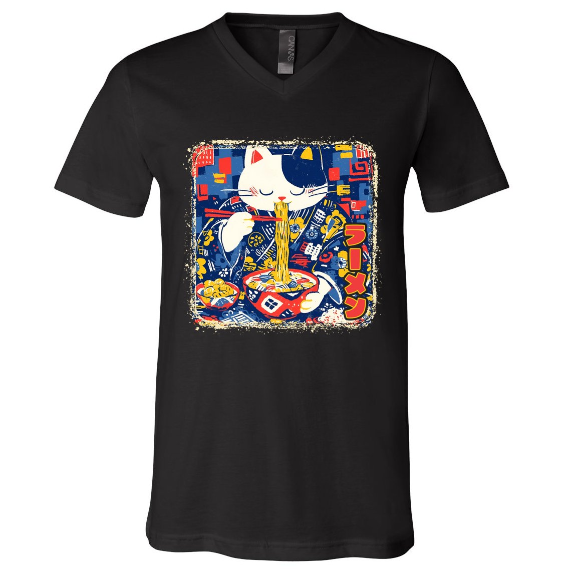 Vintage Japanese Ramen Noodle Neko Cat V-Neck T-Shirt