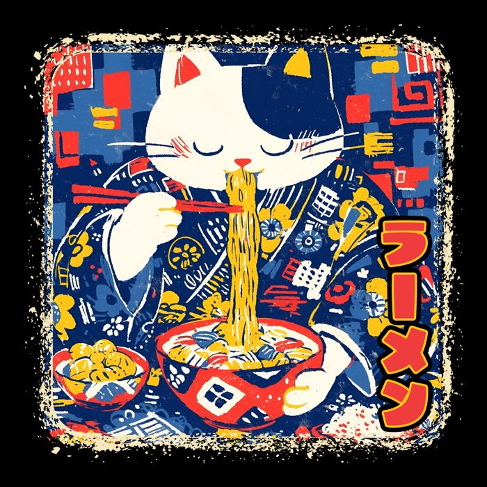 Vintage Japanese Ramen Noodle Neko Cat Bucket Hat