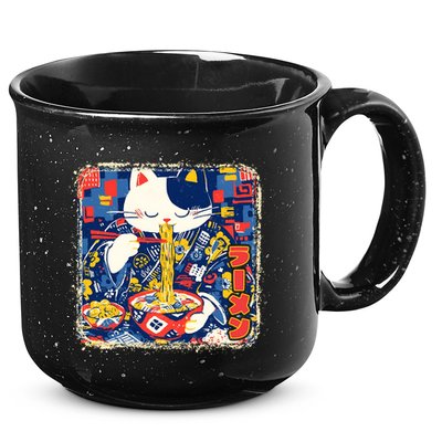 Vintage Japanese Ramen Noodle Neko Cat 15oz Campfire Ceramic Mug