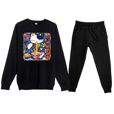 Vintage Japanese Ramen Noodle Neko Cat Premium Crewneck Sweatsuit Set