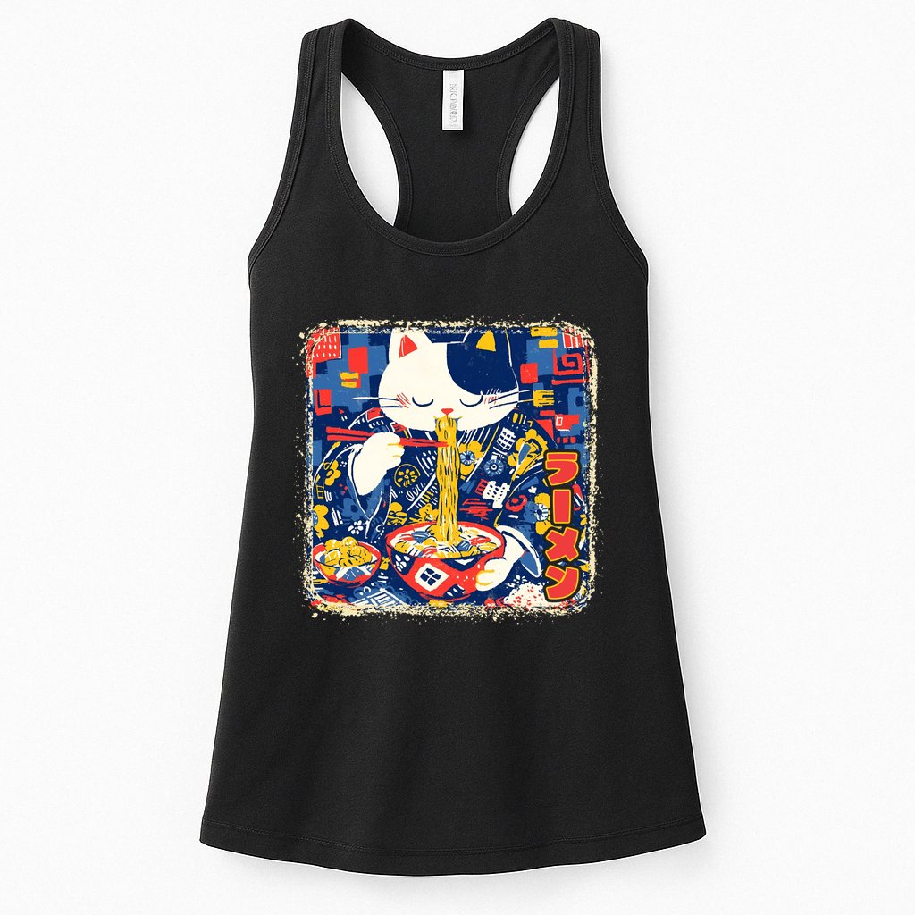 Vintage Japanese Ramen Noodle Neko Cat Womens Tank Top
