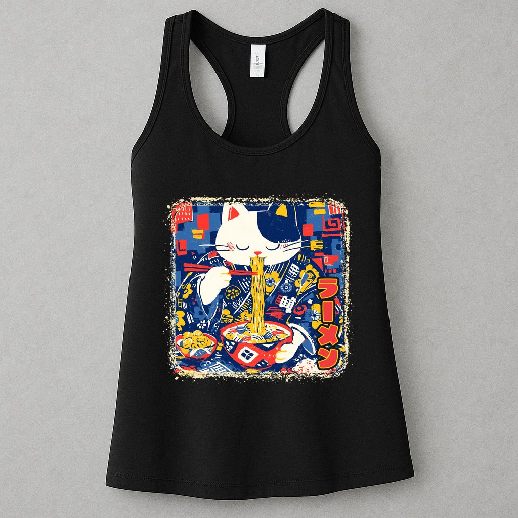 Vintage Japanese Ramen Noodle Neko Cat Womens Tank Top