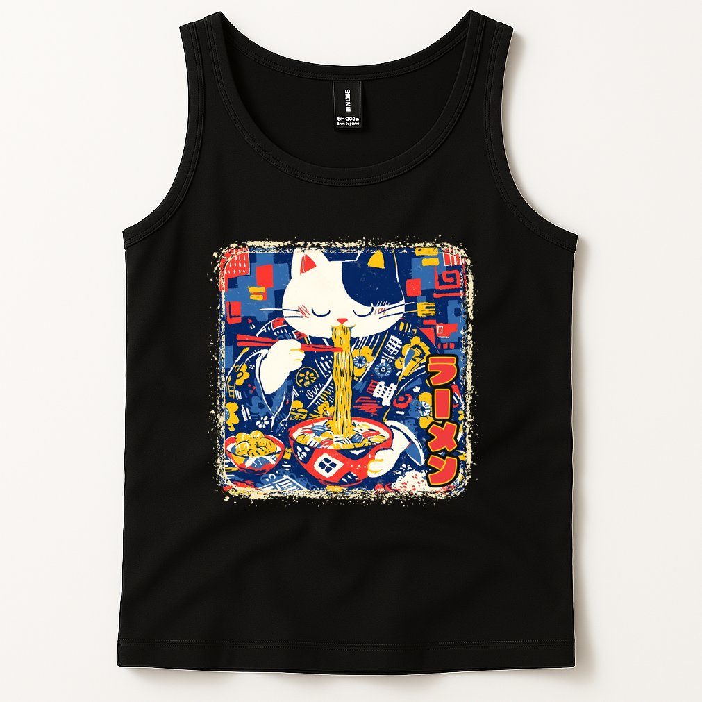 Vintage Japanese Ramen Noodle Neko Cat Tank Top