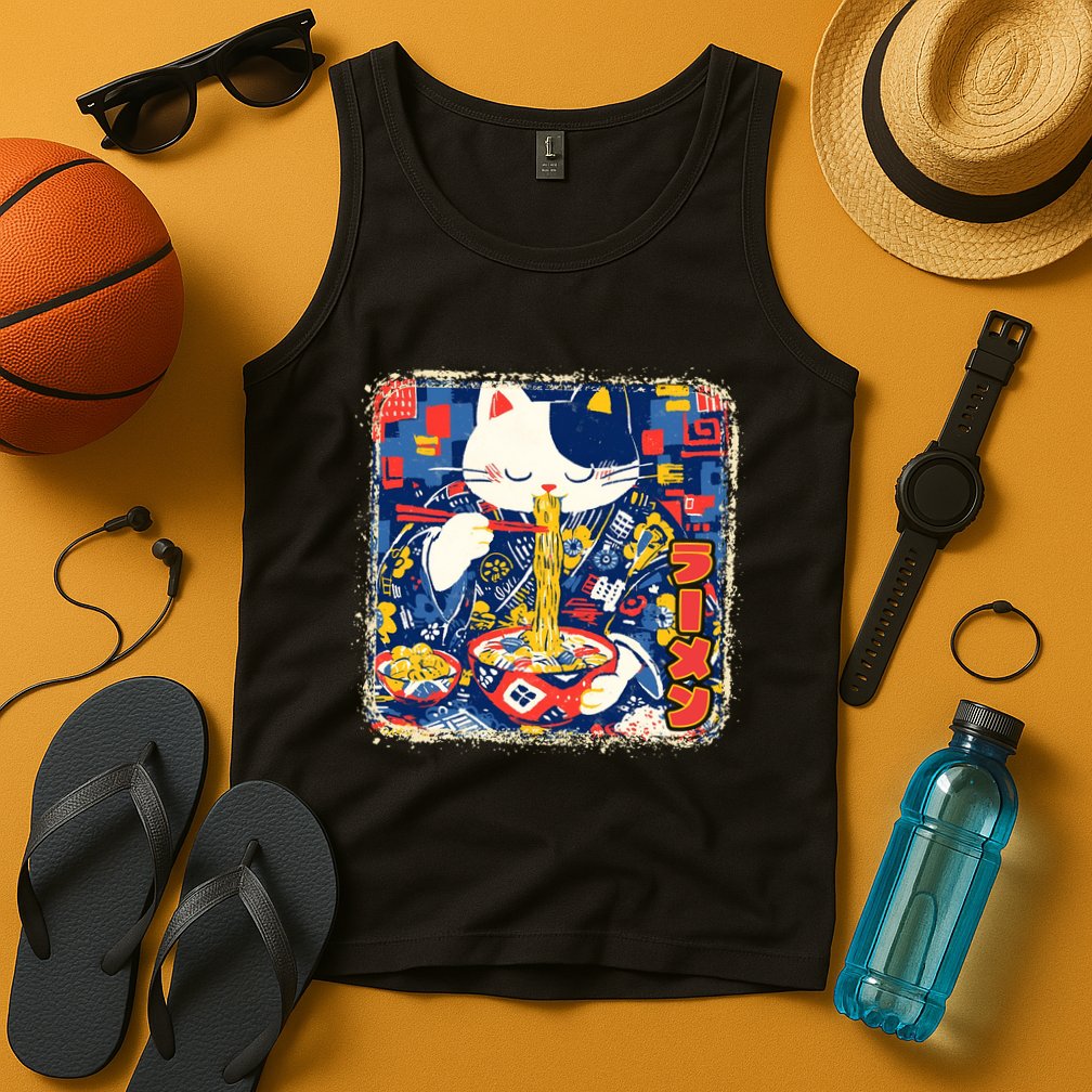 Vintage Japanese Ramen Noodle Neko Cat Tank Top