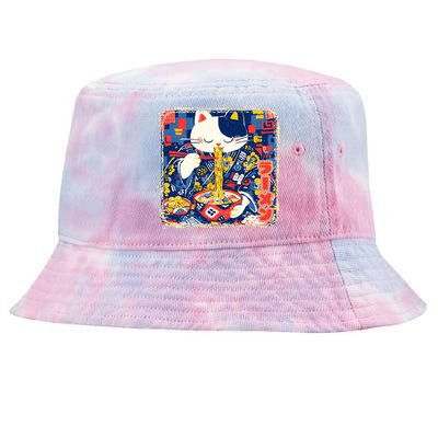 Vintage Japanese Ramen Noodle Neko Cat Tie-Dyed Bucket Hat