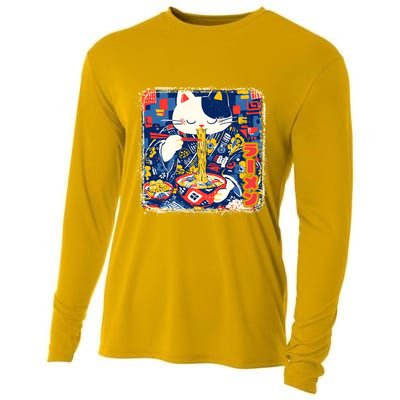 Vintage Japanese Ramen Noodle Neko Cat Cooling Performance Long Sleeve Crew