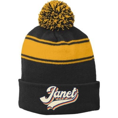 Vintage Janet Retro First Name Personalized 1970s Love Janet Stripe Pom Pom Beanie