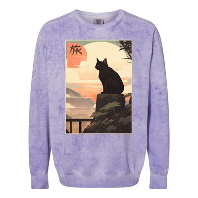 Vintage Japanese Scenery Kanji Writing Journey Black Cat Gift Colorblast Crewneck Sweatshirt