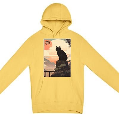 Vintage Japanese Scenery Kanji Writing Journey Black Cat Gift Premium Pullover Hoodie