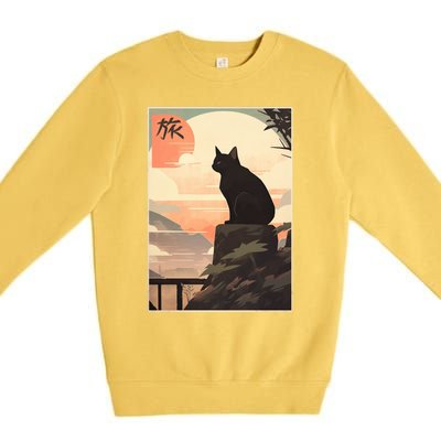 Vintage Japanese Scenery Kanji Writing Journey Black Cat Gift Premium Crewneck Sweatshirt