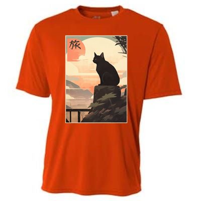 Vintage Japanese Scenery Kanji Writing Journey Black Cat Gift Cooling Performance Crew T-Shirt