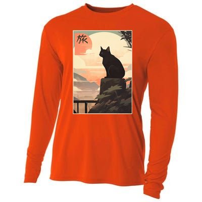 Vintage Japanese Scenery Kanji Writing Journey Black Cat Gift Cooling Performance Long Sleeve Crew