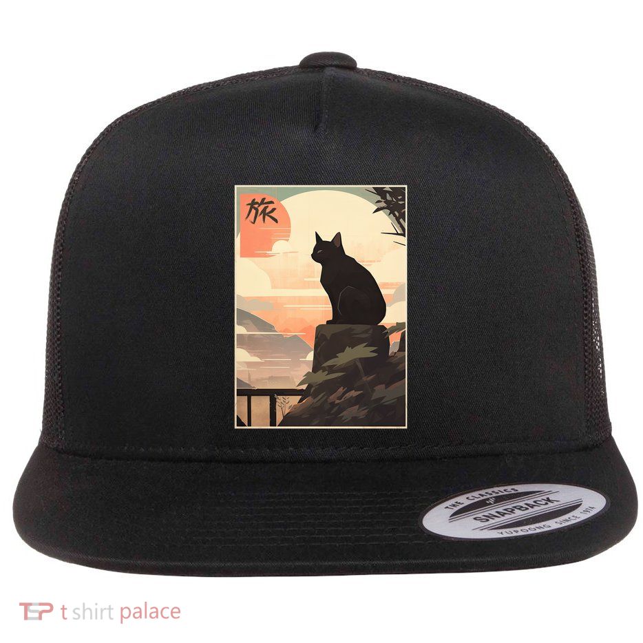 Vintage Japanese Scenery Kanji Writing Journey Black Cat Gift Flatbill Hat