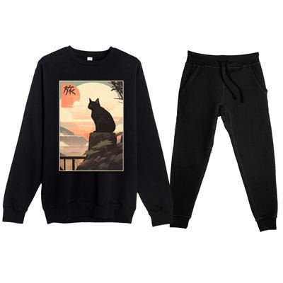 Vintage Japanese Scenery Kanji Writing Journey Black Cat Gift Premium Crewneck Sweatsuit Set