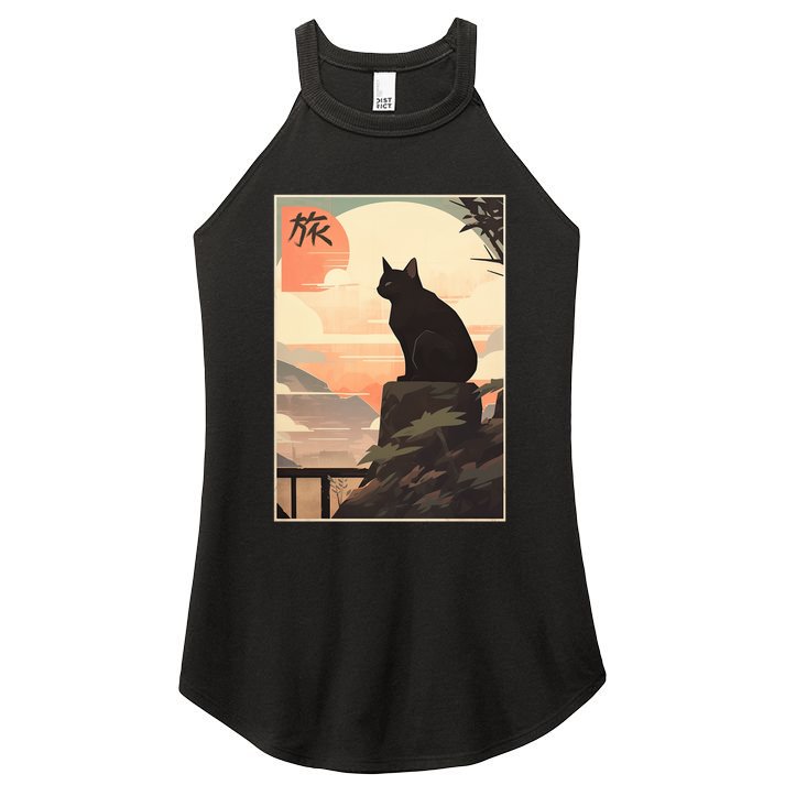 Vintage Japanese Scenery Kanji Writing Journey Black Cat Gift Women's Perfect Tri Rocker Tank