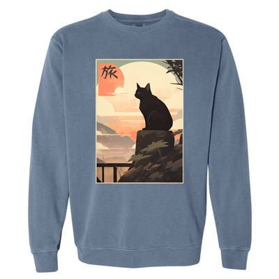 Vintage Japanese Scenery Kanji Writing Journey Black Cat Gift Garment-Dyed Sweatshirt