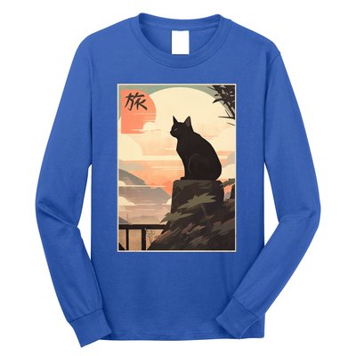 Vintage Japanese Scenery Kanji Writing Journey Black Cat Gift Long Sleeve Shirt