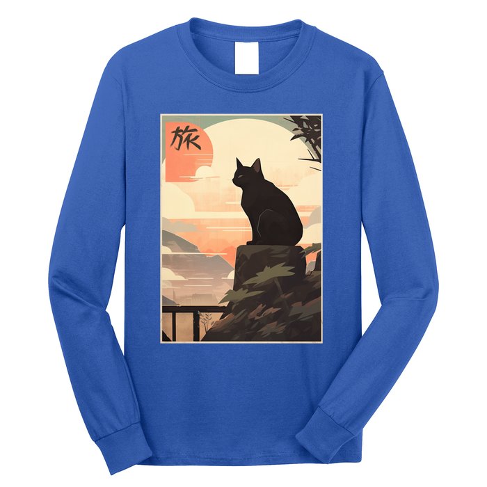 Vintage Japanese Scenery Kanji Writing Journey Black Cat Gift Long Sleeve Shirt