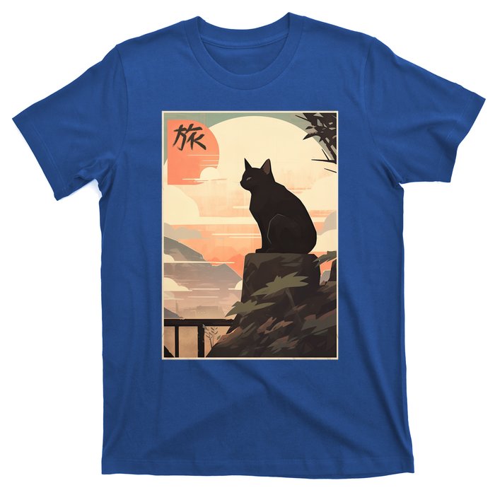 Vintage Japanese Scenery Kanji Writing Journey Black Cat Gift T-Shirt