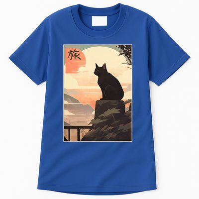 Vintage Japanese Scenery Kanji Writing Journey Black Cat Gift Tall T-Shirt