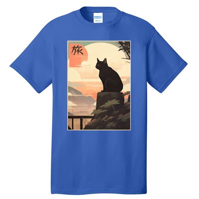 Vintage Japanese Scenery Kanji Writing Journey Black Cat Gift Tall T-Shirt