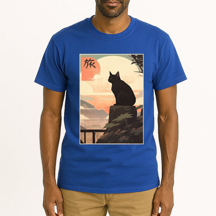 Vintage Japanese Scenery Kanji Writing Journey Black Cat Gift Tall T-Shirt
