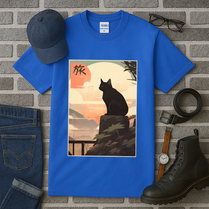 Vintage Japanese Scenery Kanji Writing Journey Black Cat Gift Tall T-Shirt