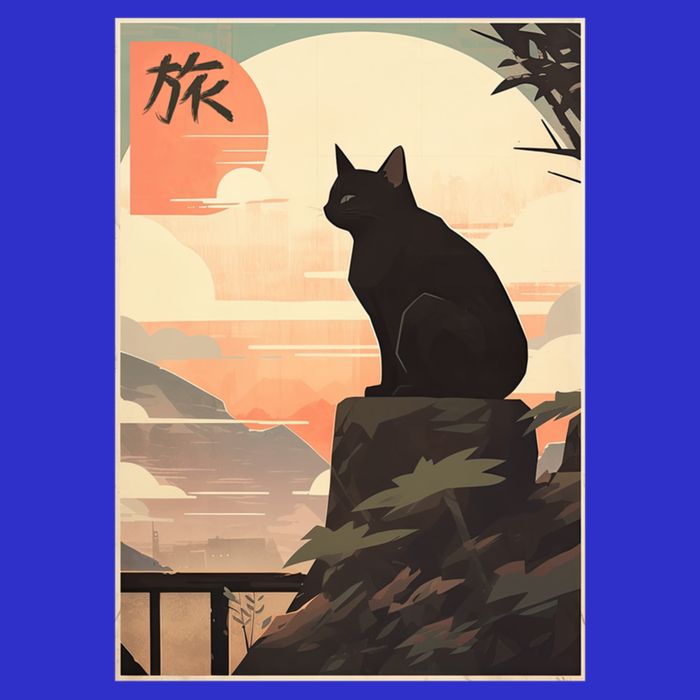 Vintage Japanese Scenery Kanji Writing Journey Black Cat Gift Tall T-Shirt