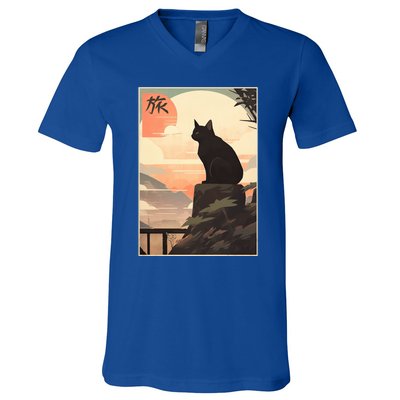 Vintage Japanese Scenery Kanji Writing Journey Black Cat Gift V-Neck T-Shirt