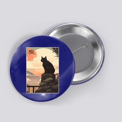 Vintage Japanese Scenery Kanji Writing Journey Black Cat Gift Button