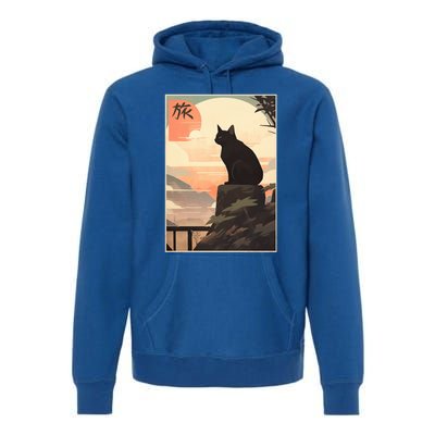 Vintage Japanese Scenery Kanji Writing Journey Black Cat Gift Premium Hoodie