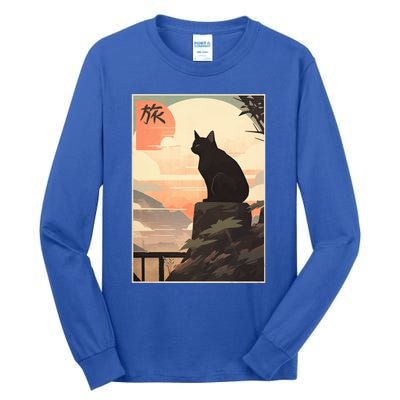 Vintage Japanese Scenery Kanji Writing Journey Black Cat Gift Tall Long Sleeve T-Shirt