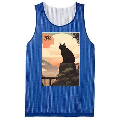 Vintage Japanese Scenery Kanji Writing Journey Black Cat Gift Mesh Reversible Basketball Jersey Tank