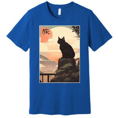 Vintage Japanese Scenery Kanji Writing Journey Black Cat Gift Premium T-Shirt