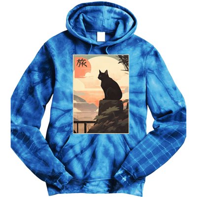 Vintage Japanese Scenery Kanji Writing Journey Black Cat Gift Tie Dye Hoodie