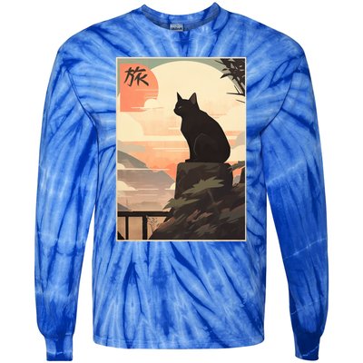 Vintage Japanese Scenery Kanji Writing Journey Black Cat Gift Tie-Dye Long Sleeve Shirt