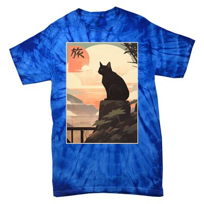 Vintage Japanese Scenery Kanji Writing Journey Black Cat Gift Tie-Dye T-Shirt