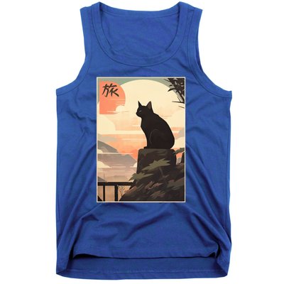 Vintage Japanese Scenery Kanji Writing Journey Black Cat Gift Tank Top