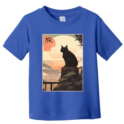 Vintage Japanese Scenery Kanji Writing Journey Black Cat Gift Toddler T-Shirt