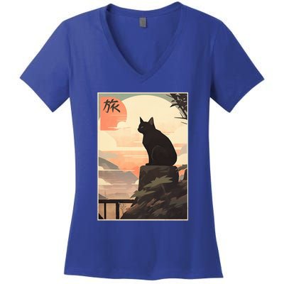 Vintage Japanese Scenery Kanji Writing Journey Black Cat Gift Women's V-Neck T-Shirt