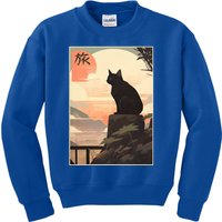 Vintage Japanese Scenery Kanji Writing Journey Black Cat Gift Kids Sweatshirt