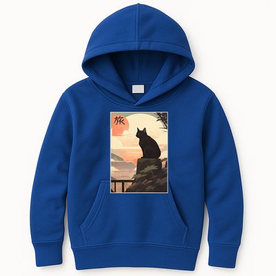 Vintage Japanese Scenery Kanji Writing Journey Black Cat Gift Kids Hoodie