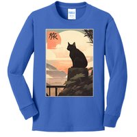 Vintage Japanese Scenery Kanji Writing Journey Black Cat Gift Kids Long Sleeve Shirt