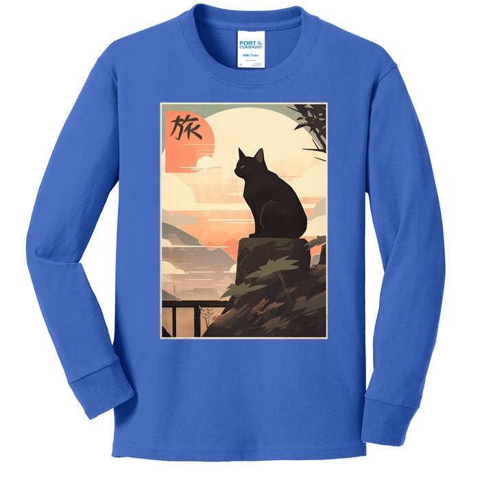 Vintage Japanese Scenery Kanji Writing Journey Black Cat Gift Kids Long Sleeve Shirt