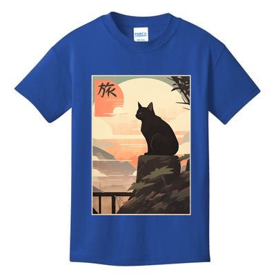 Vintage Japanese Scenery Kanji Writing Journey Black Cat Gift Kids T-Shirt