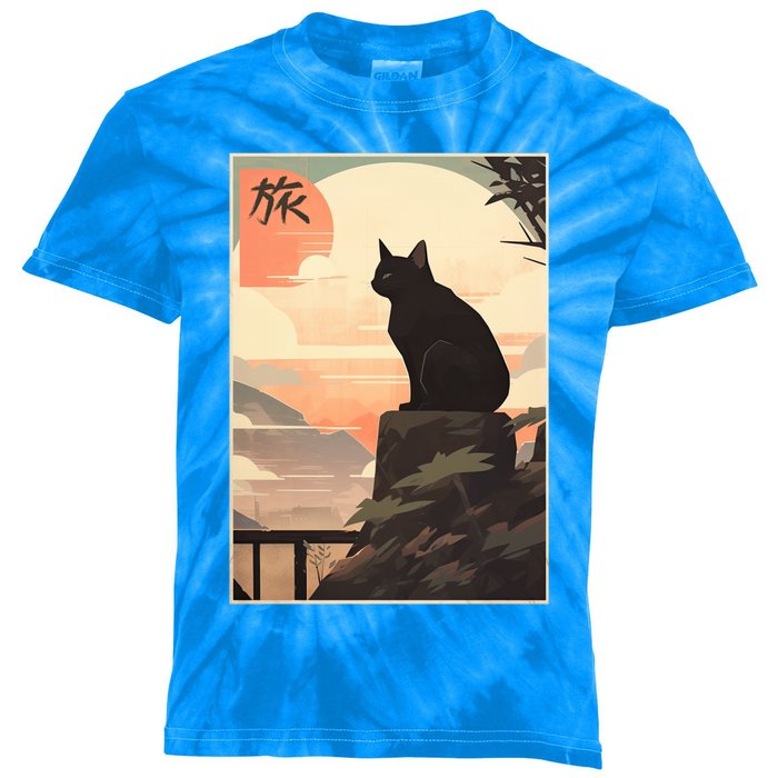 Vintage Japanese Scenery Kanji Writing Journey Black Cat Gift Kids Tie-Dye T-Shirt