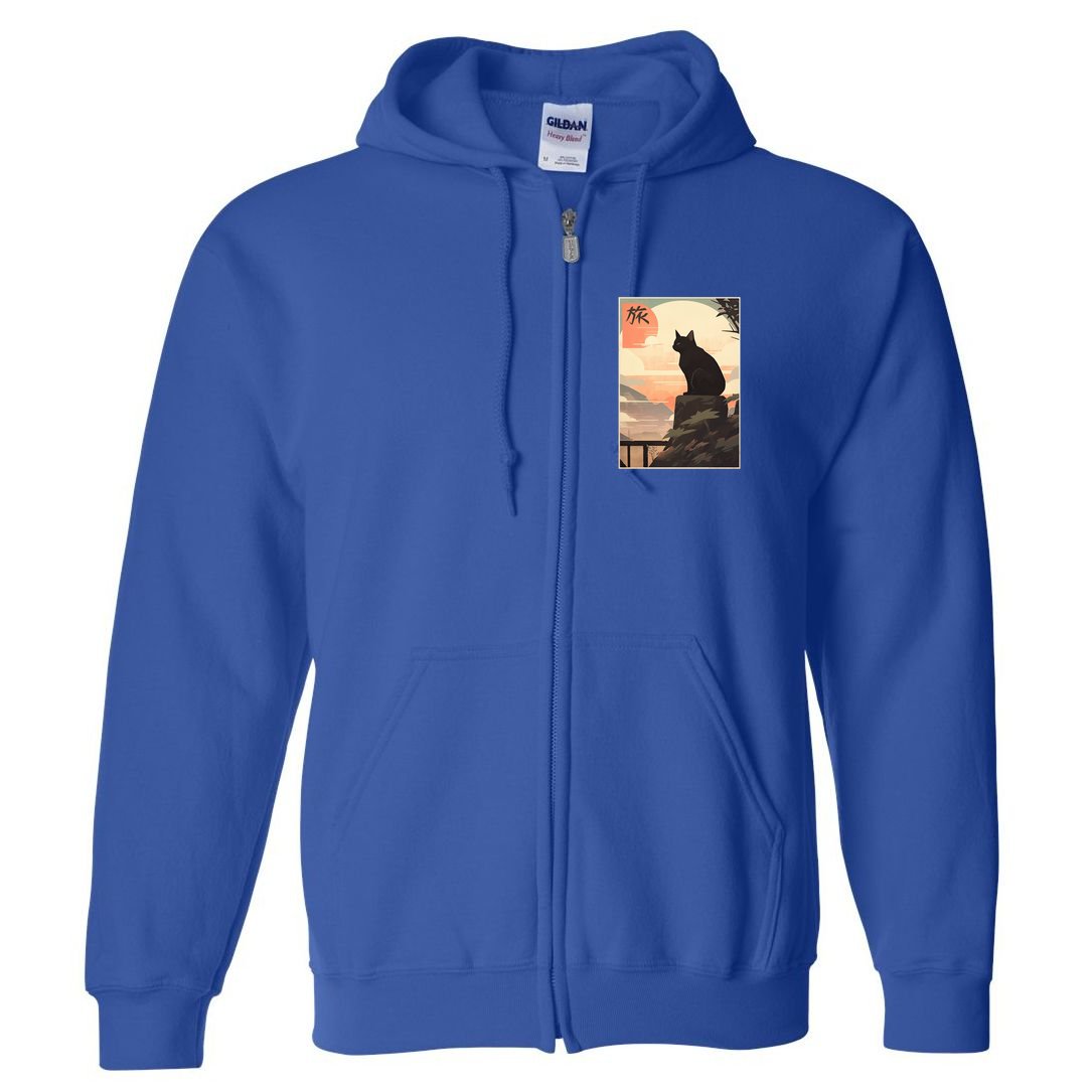 Vintage Japanese Scenery Kanji Writing Journey Black Cat Gift Full Zip Hoodie